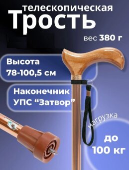 Трость телескопическая с деревянной ручкой и ремешком, УПС ТР1